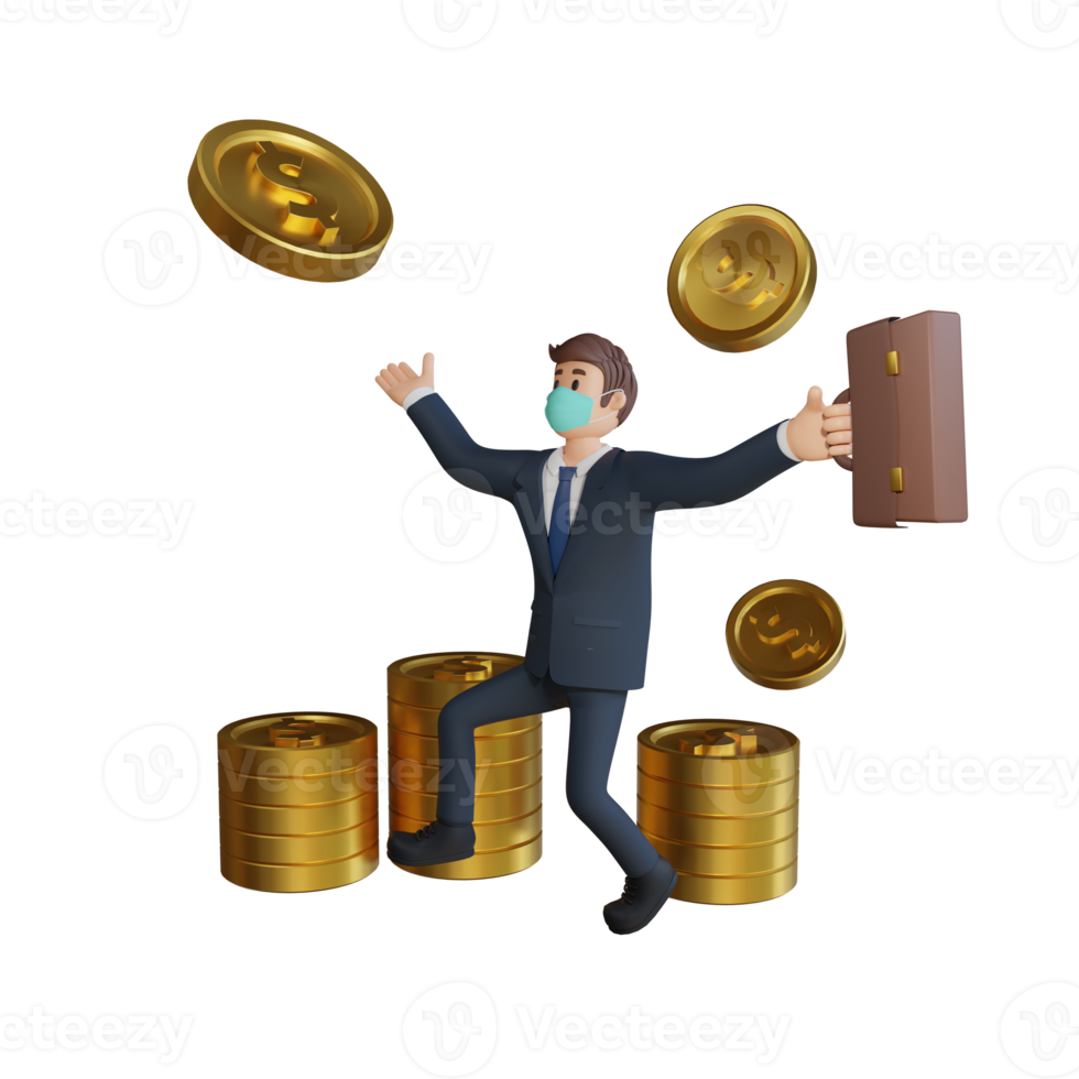 Business man wearing a mask is happy with coins or money character illustration 3d rendering png