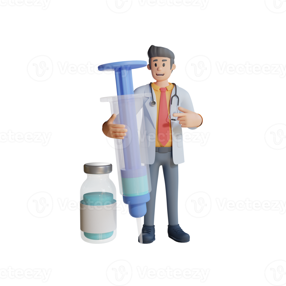 3d male doctor carrying a large vaccine injection character illustration png