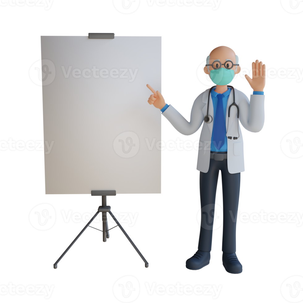 3d male senior doctor wearing a mask resenting a blank white sheet character design illustration png