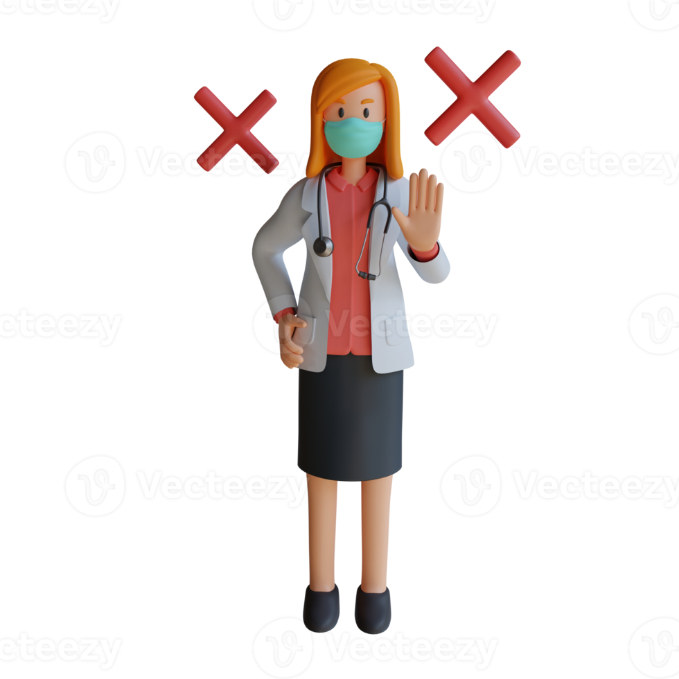 Female doctor wearing a mask with wrong choice or prohibition 3d character illustration png