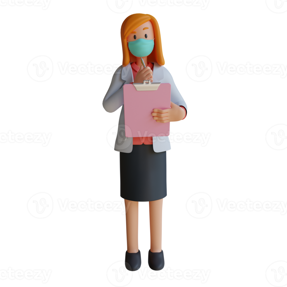 3d female doctor wearing a mask holding a list and thinking character design illustration png