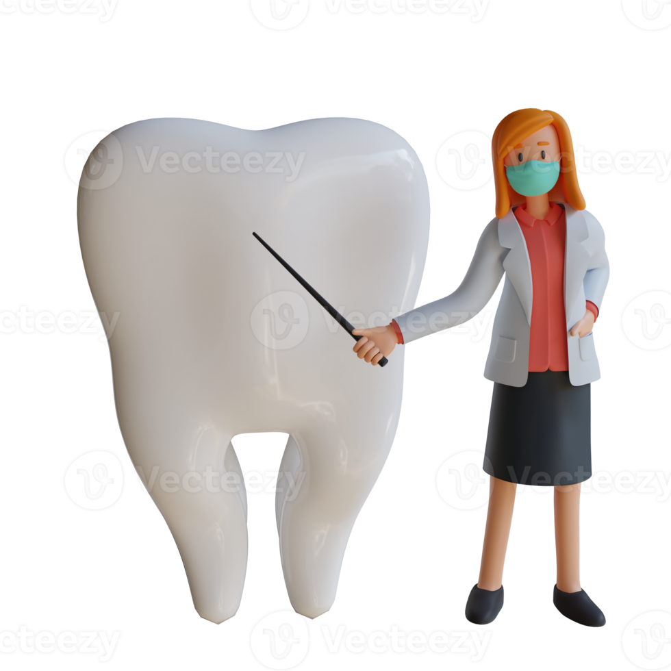 3d kvinna läkare bär en mask presenter de dental sektion karaktär design illustration png