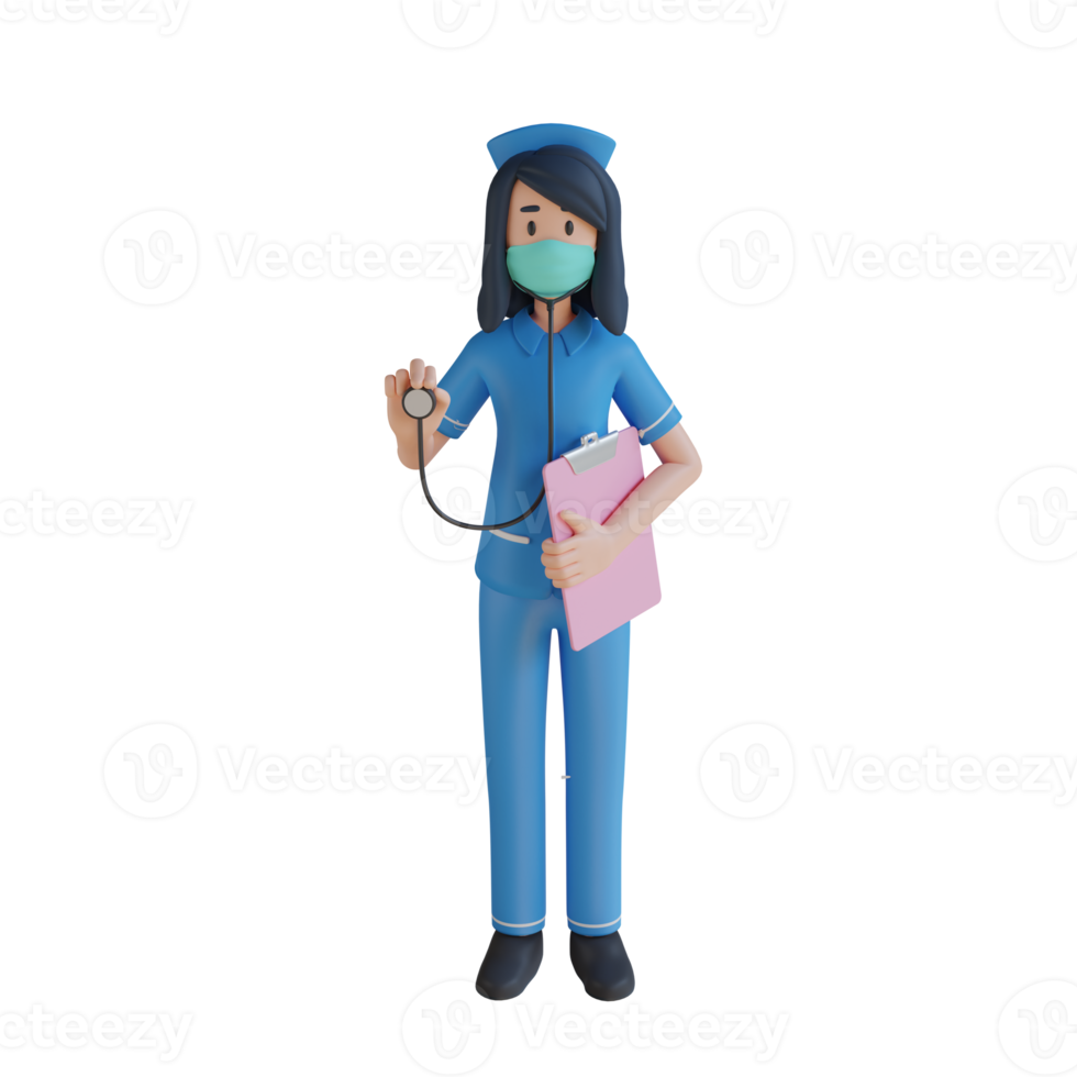 Nurse wearing a mask holding a stethoscope 3d character illustration png