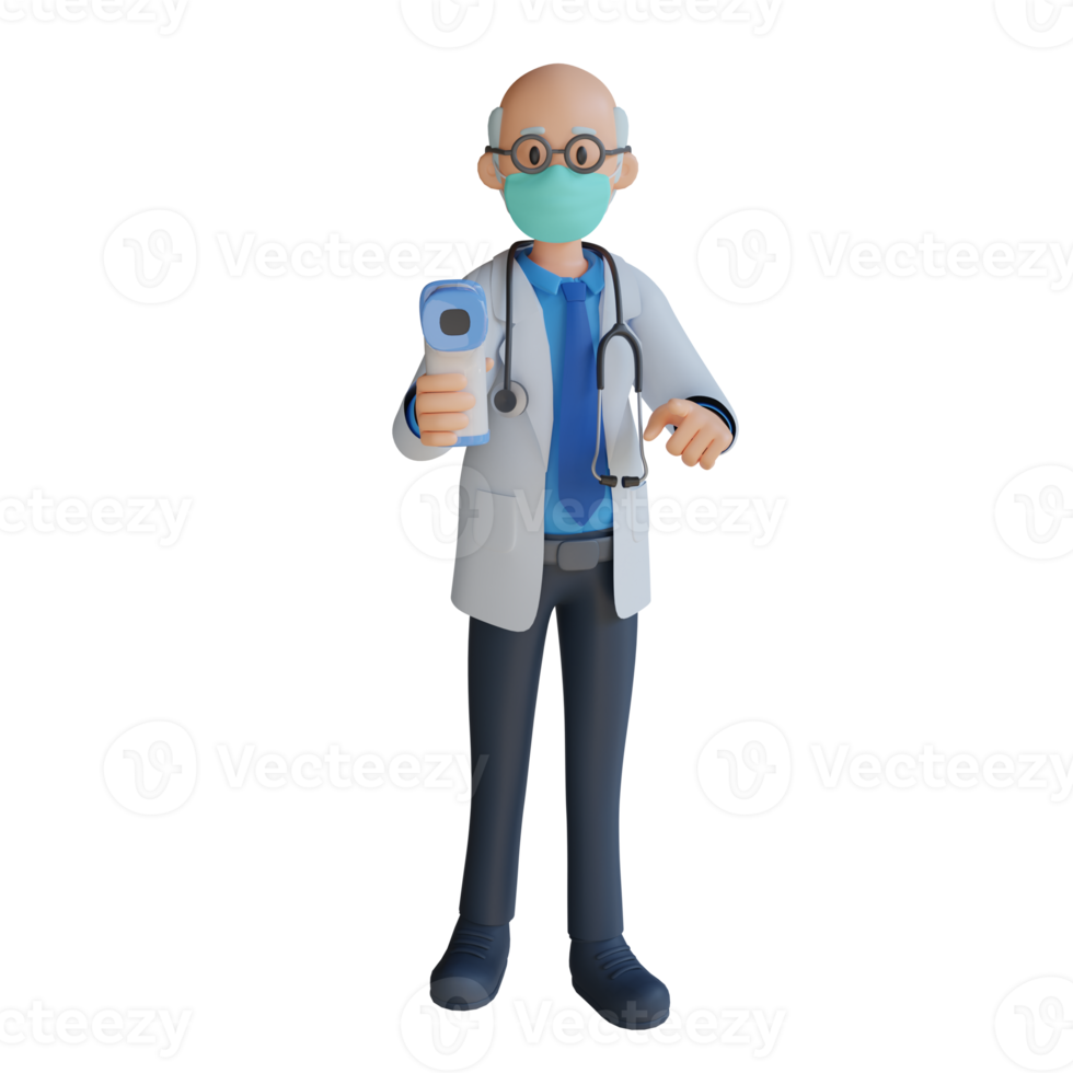 Male doctor wearing a mask holding thermogun 3d character illustration png