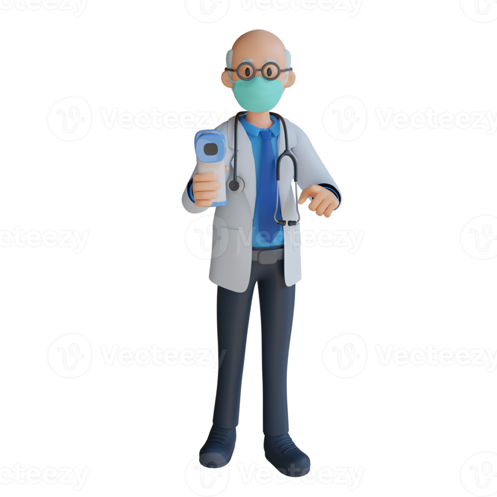 männlicher arzt, der eine maske trägt, die thermogun 3d-charakterillustration hält png