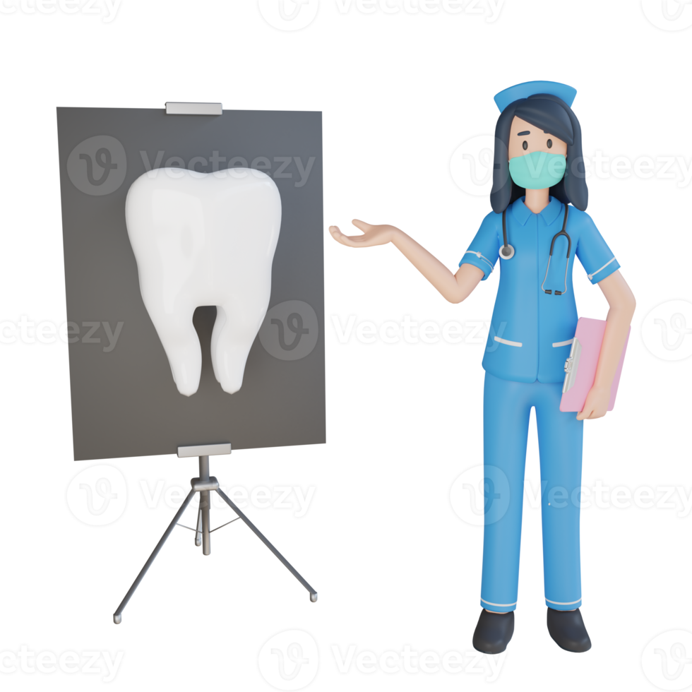 Nurse wear mask describe the outside of the tooth 3d character illustration png