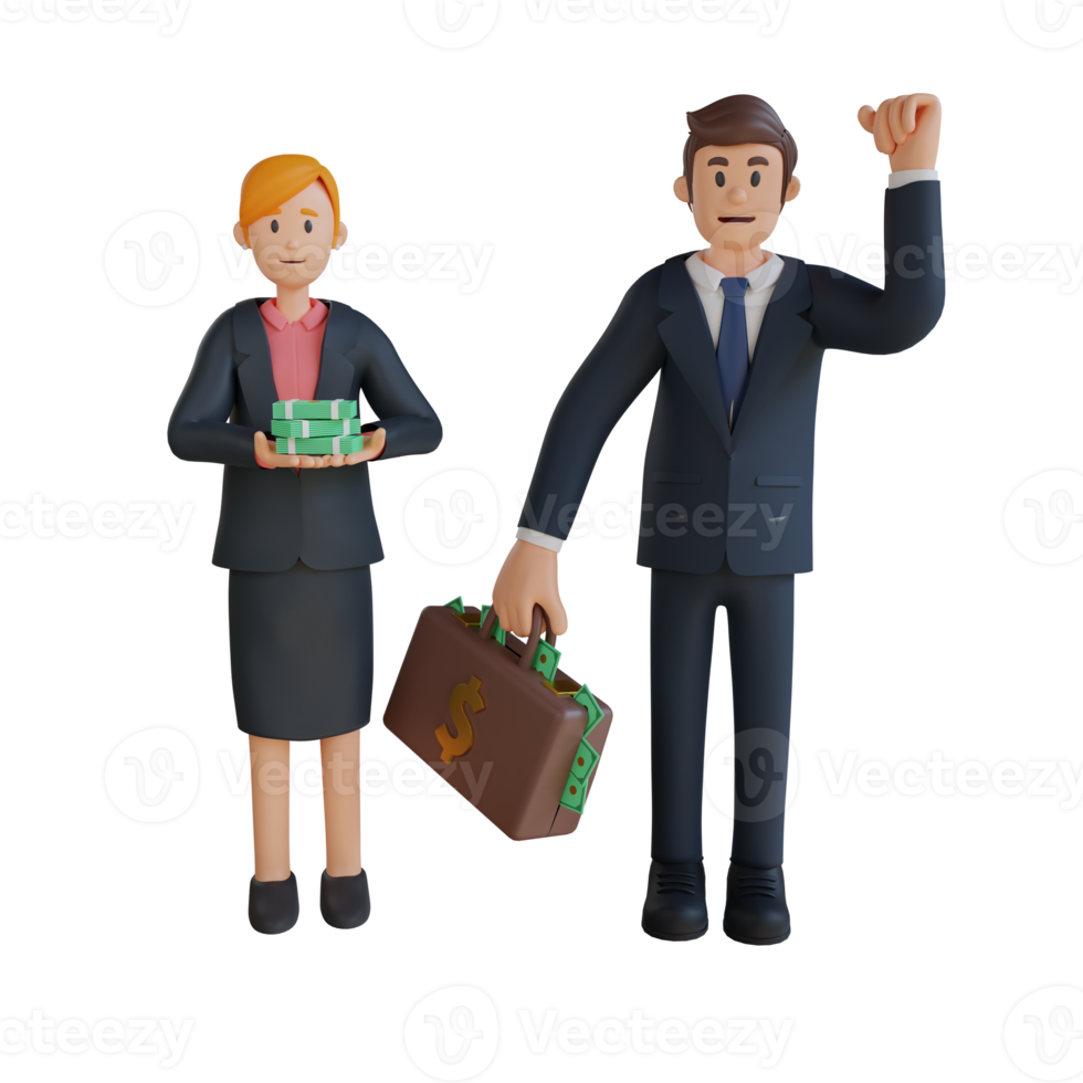 Businessman and women bring a lot of money character 3d character illustration png