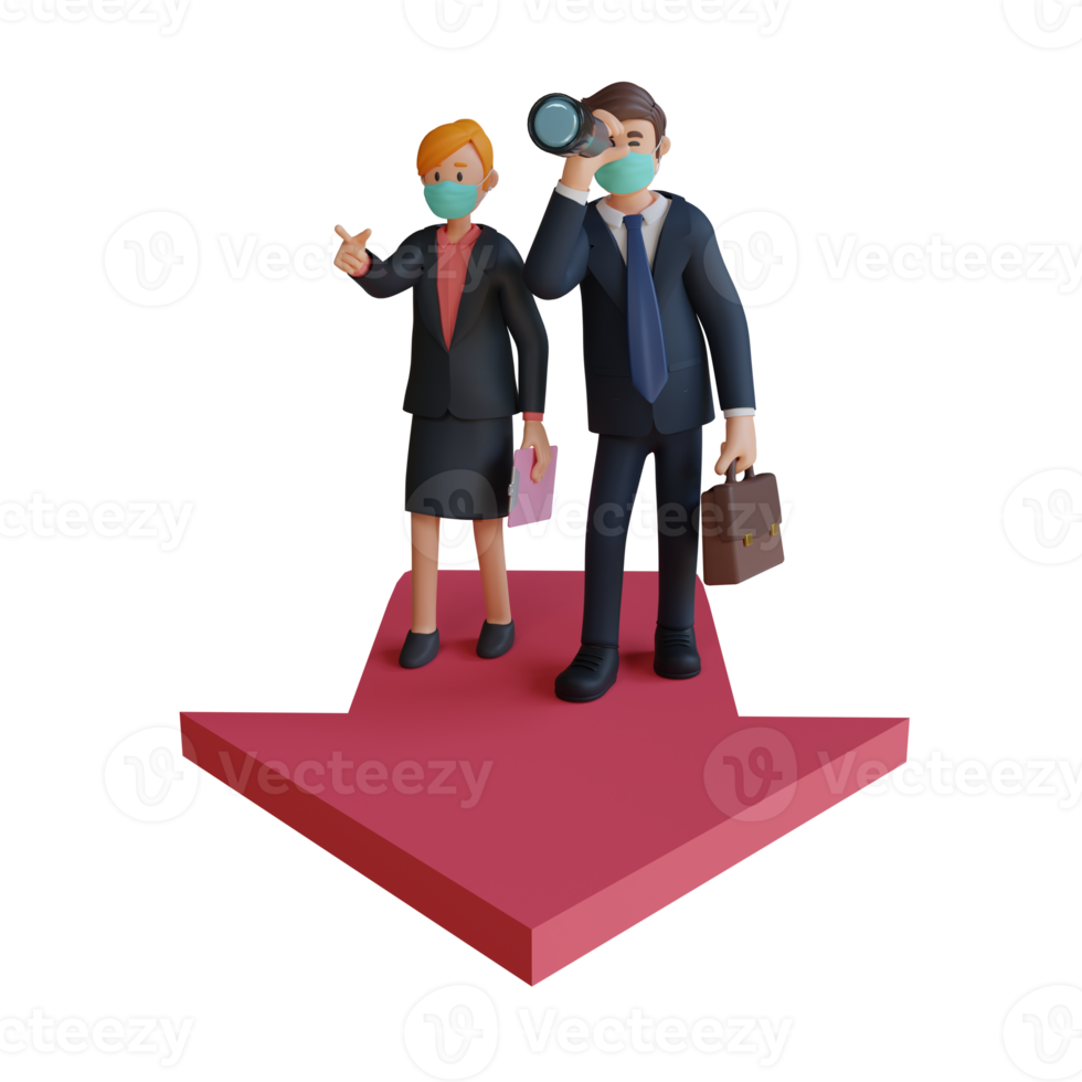 Businessman and woman looking for a solution with arrows character wearing mask 3d character illustration png