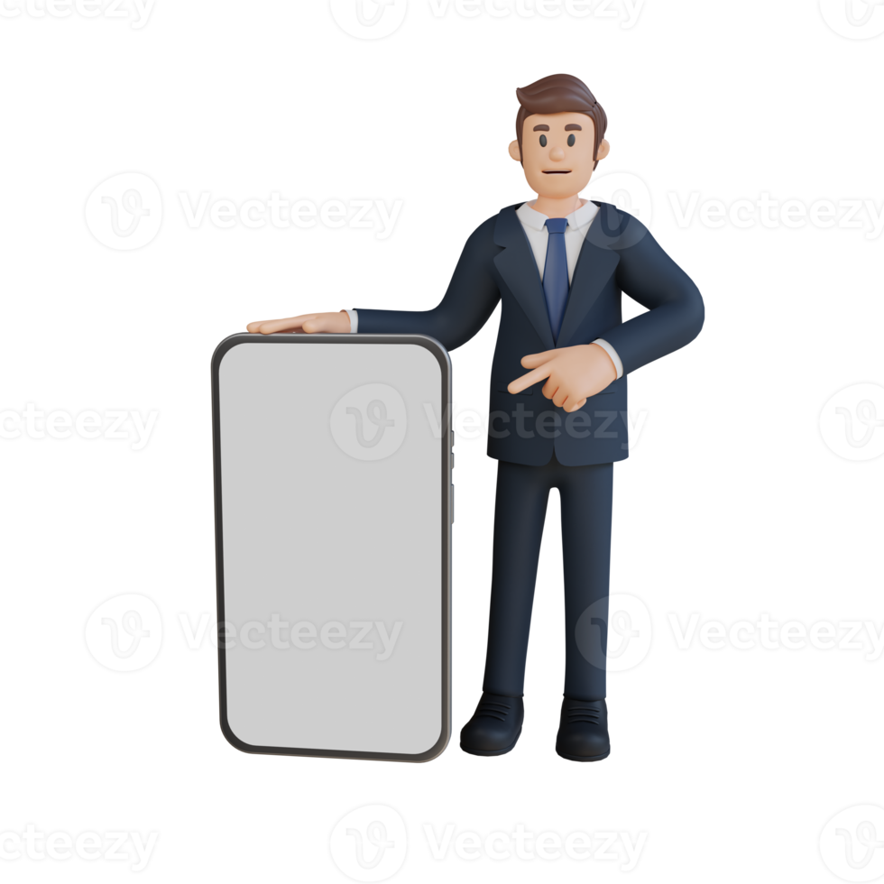 uomo d'affari in piedi con un' vuoto schermo smartphone personaggio 3d personaggio illustrazione png