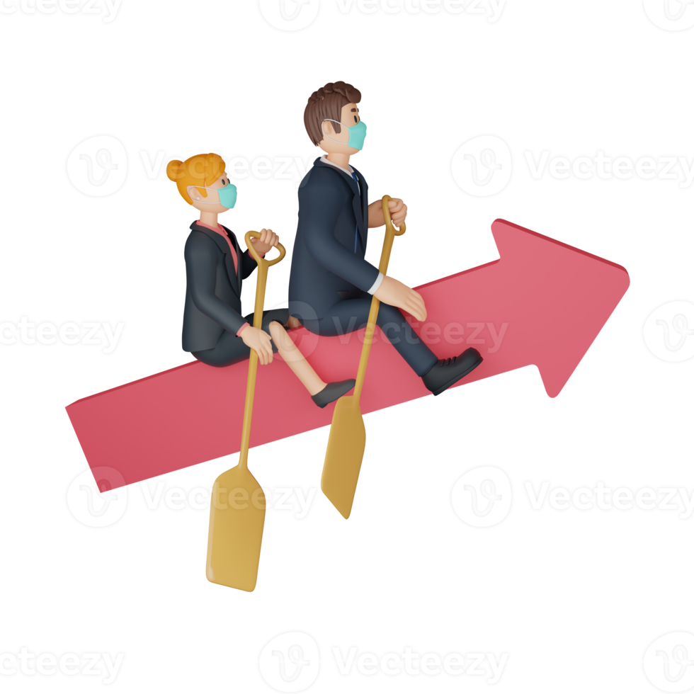 hombre de negocios y mujer montando un bote en forma de flecha y usando máscara personaje personaje 3d png