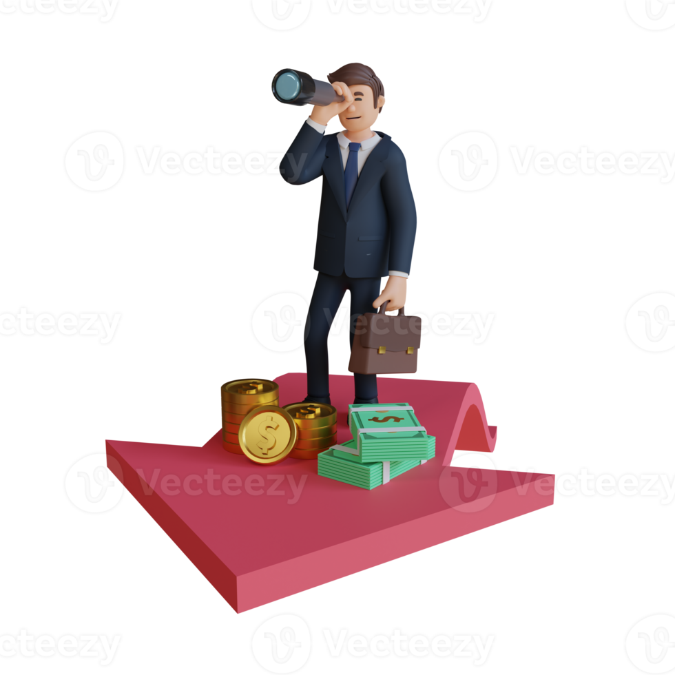 Businessman searching with binoculars and arrows character 3d character illustration png