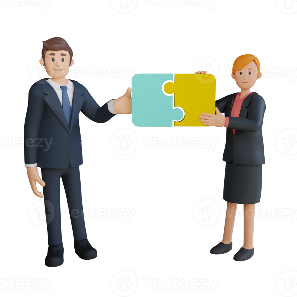 Businessman and woman putting jigsaw puzzle together character 3d character illustration png