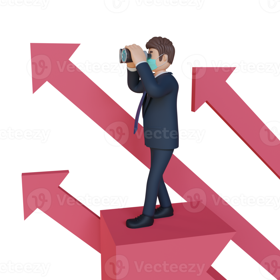 Businessman looking for something with binoculars and arrows character wearing mask 3d character illustration png