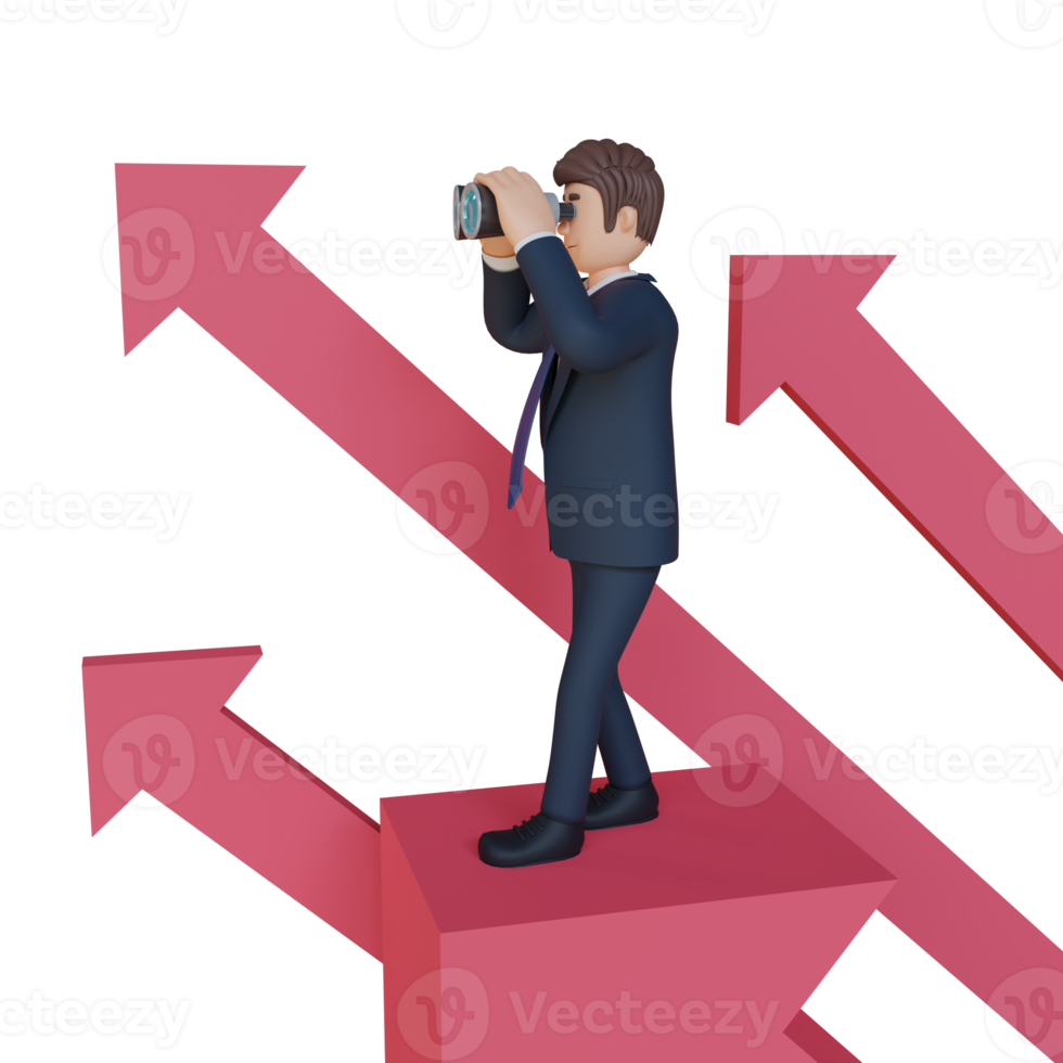 Businessman searching with binoculars and arrows character 3d character illustration png