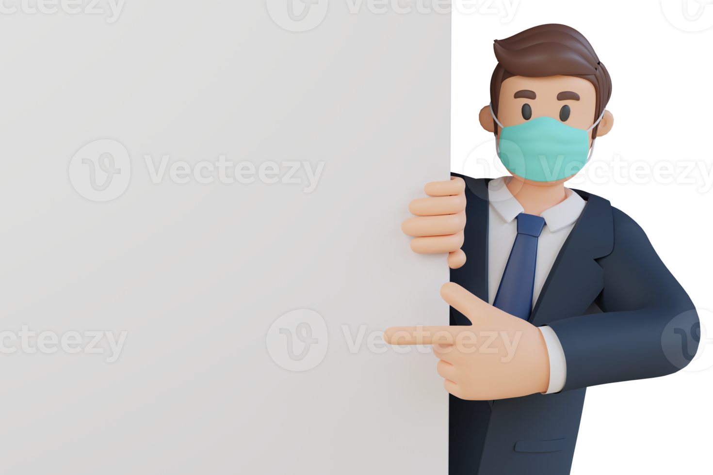 Businessman showing something on a blank white sheet character wearing mask 3d character illustration png