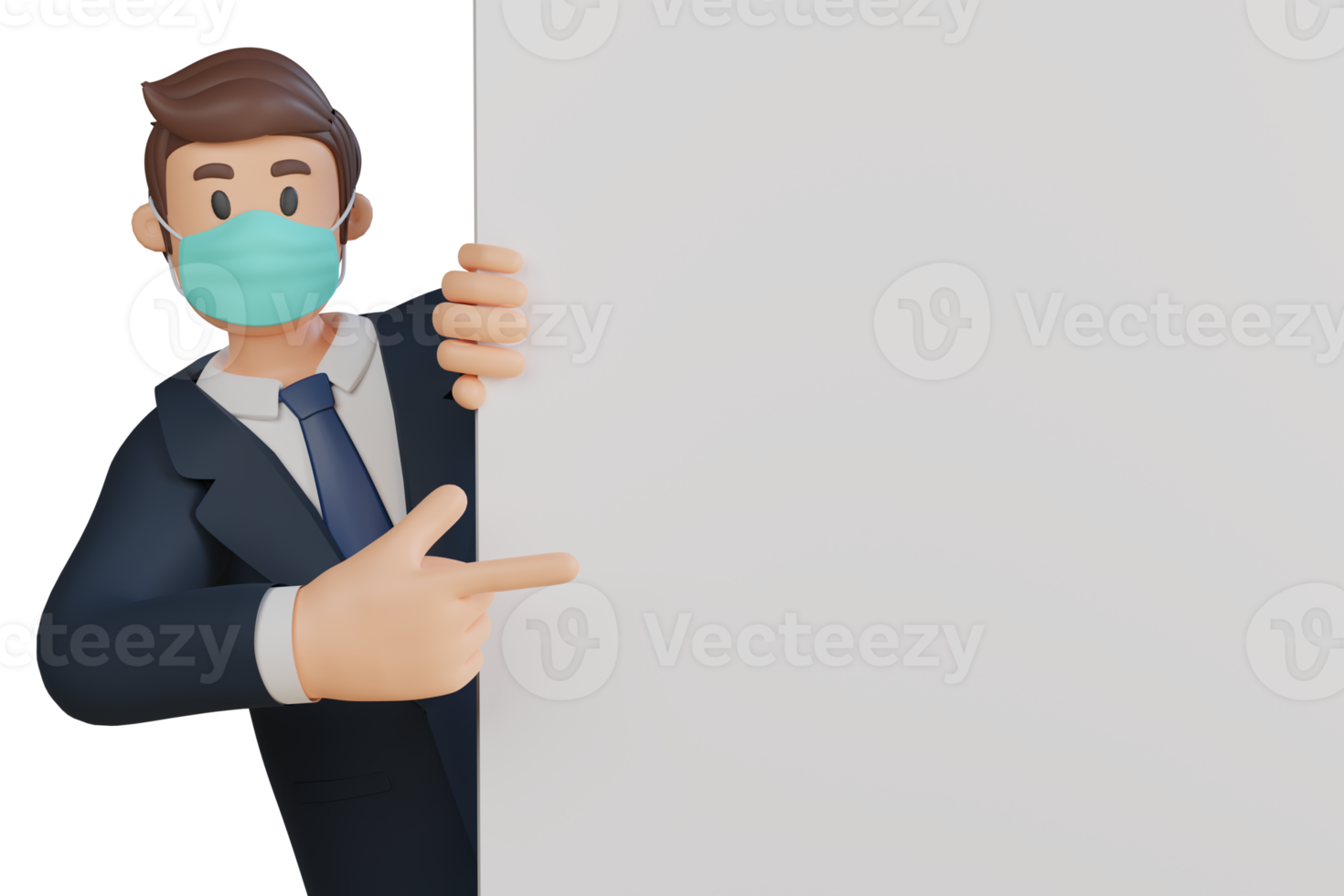 Businessman holding blank white canvas wearing mask character 3d character illustration png