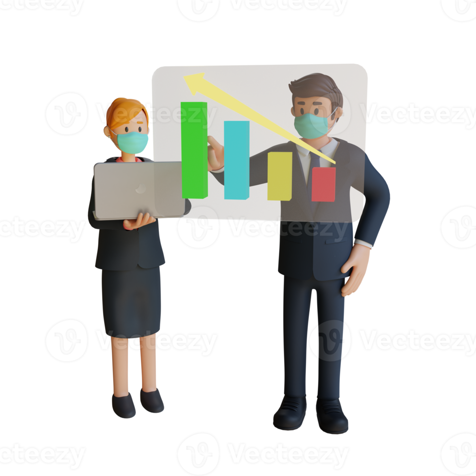 Businessman and woman presenting chart increment character wearing mask 3d character illustration png