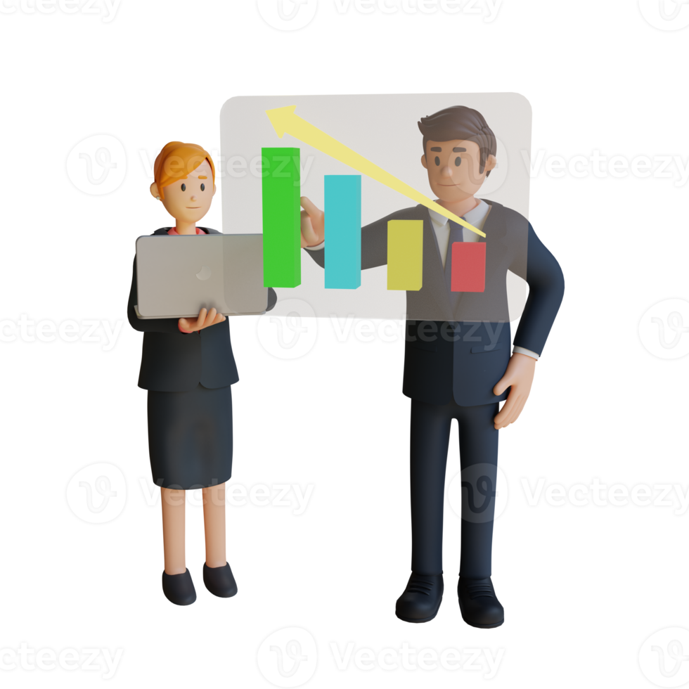 Businessman and woman presenting a chart character 3d character illustration png