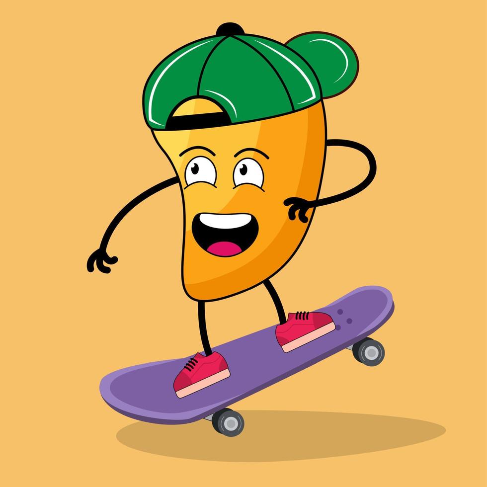 Cute cartoon mango fruit mascot playing a skateboard wear hat, Mango cartoon character of exotic fruit, mango character cartoon mascot vector illustration character design.