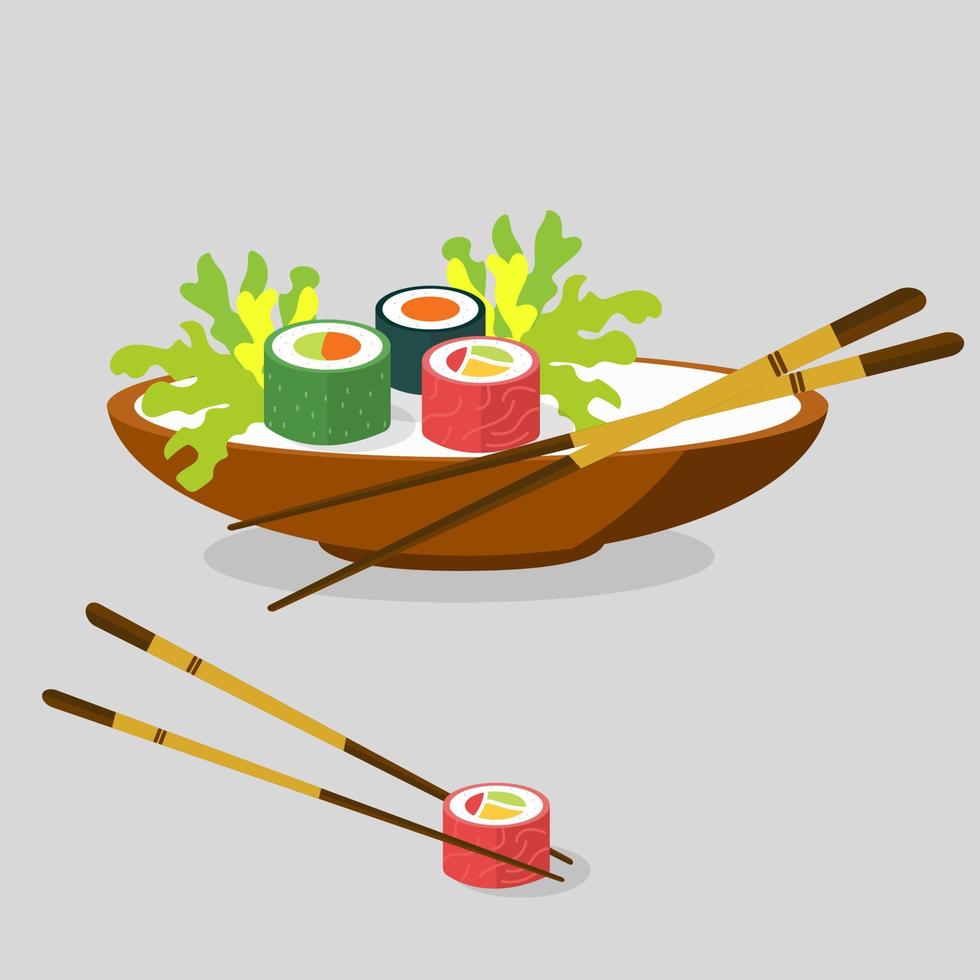 Sushi Icon. Vector flat design. Icon for presentation, training, marketing, design, web. Can be used for creative template, logo, sign, craft. Sushi on a plate. vectors Isolated japan food icon, soba,