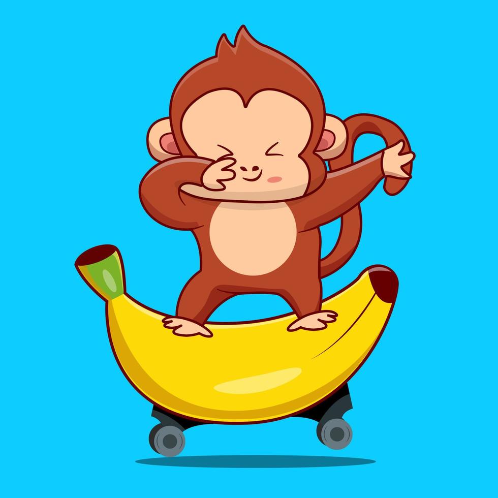 Cute monkey playing banana skateboard isolated cartoon animal nature illustration flat style suitable for sticker icon design premium logo vector mascot character.