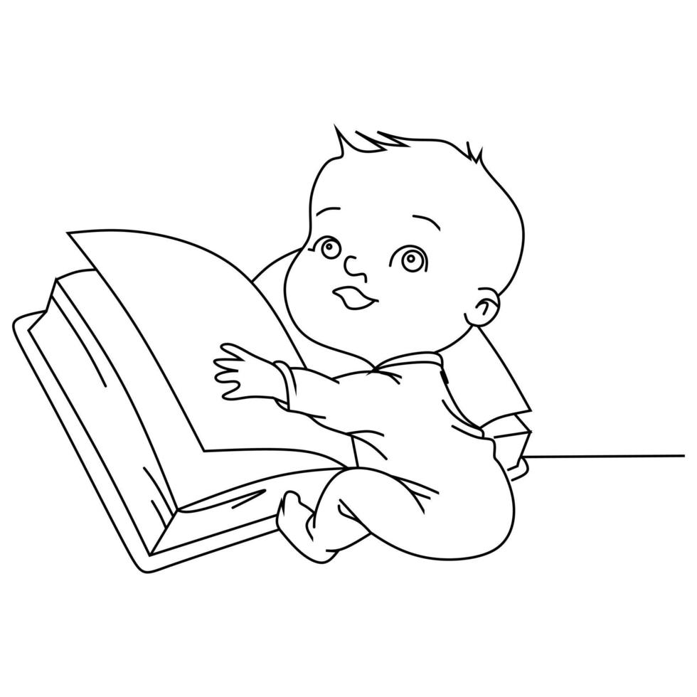 Baby reading book. line art illustration vector