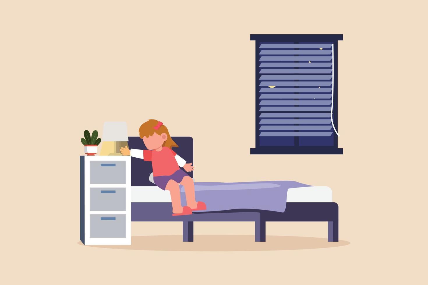 niña descansando en la cama, apagando el interruptor de la luz antes de