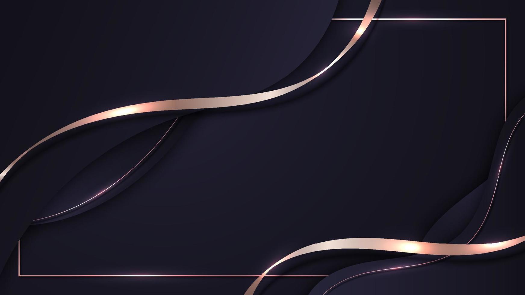líneas de onda de color púrpura de lujo 3d abstracto con decoración de línea curva de oro rosa brillante e iluminación de brillo de marco sobre fondo oscuro degradado vector