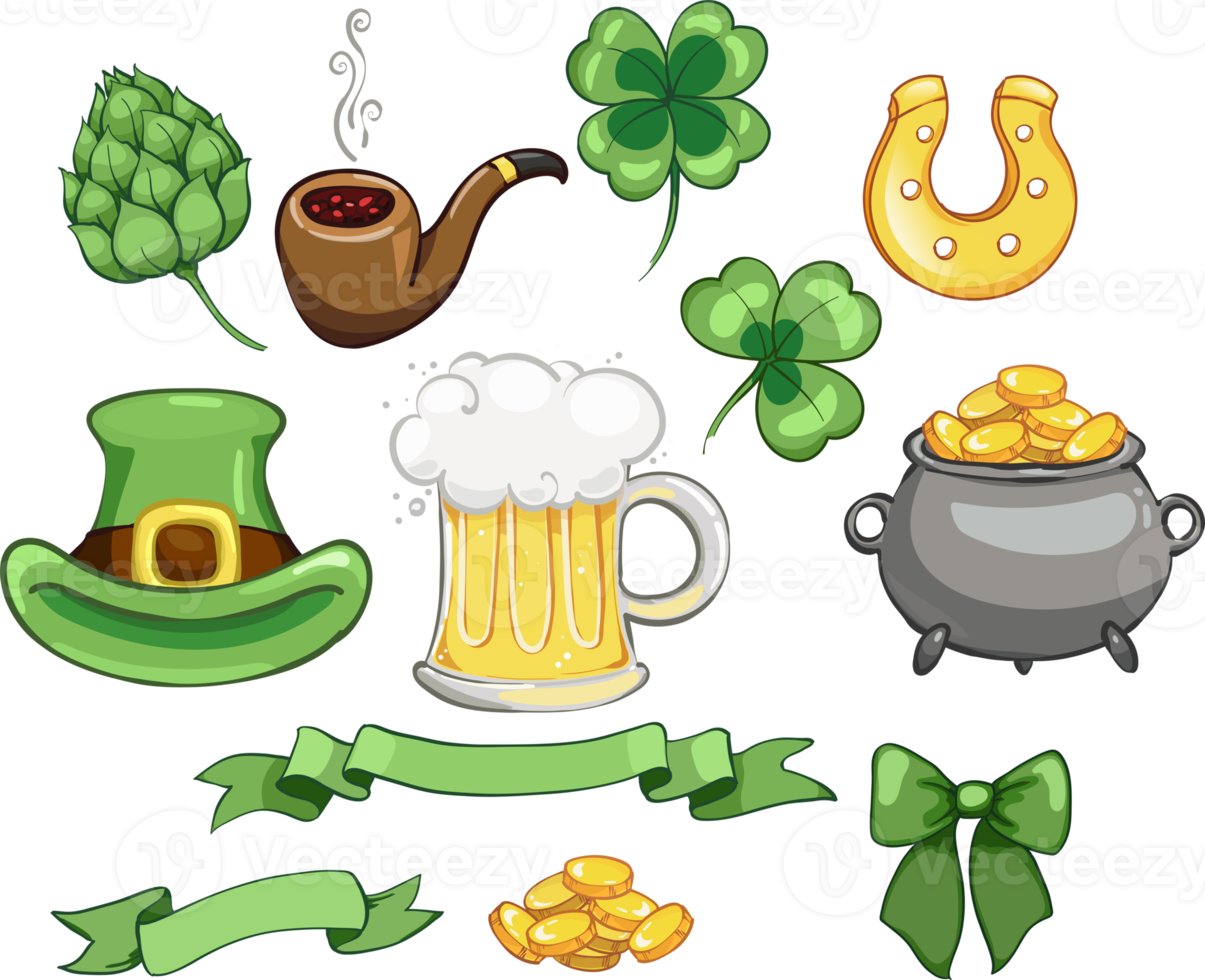 satz von elementen, kleeblatt, bierkrug, goldschatz, st patrick's day illustration png