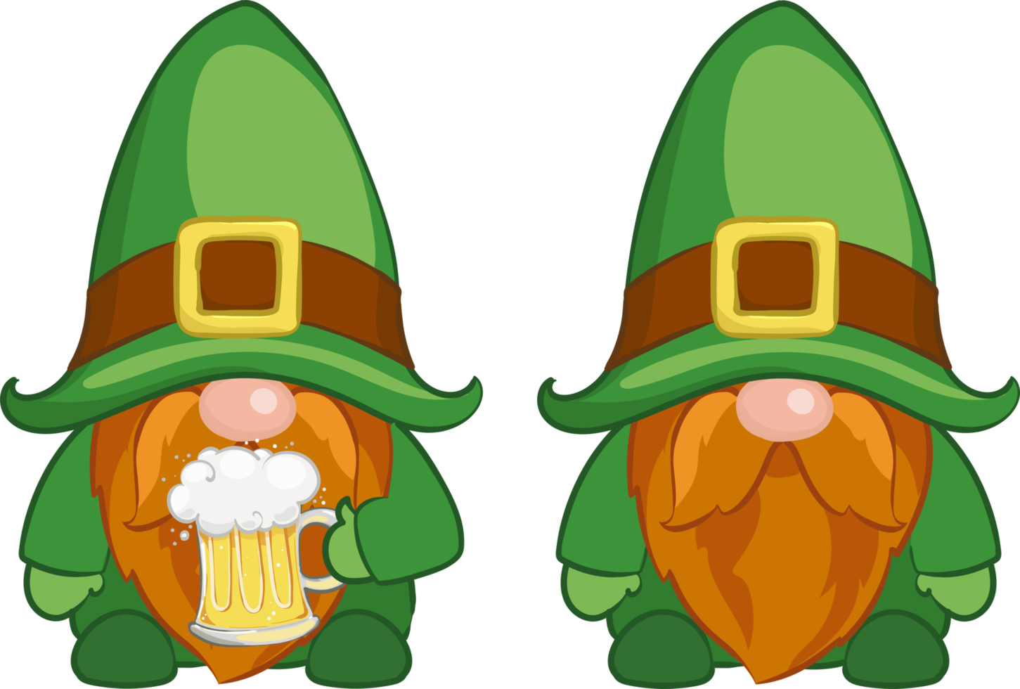 Two irish gnome, St. Patrick's Day Gnomes with shamrock and beer png