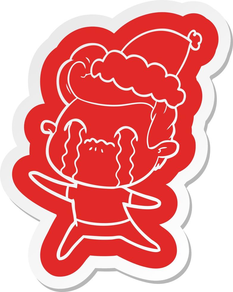 cartoon  sticker of a man crying wearing santa hat vector