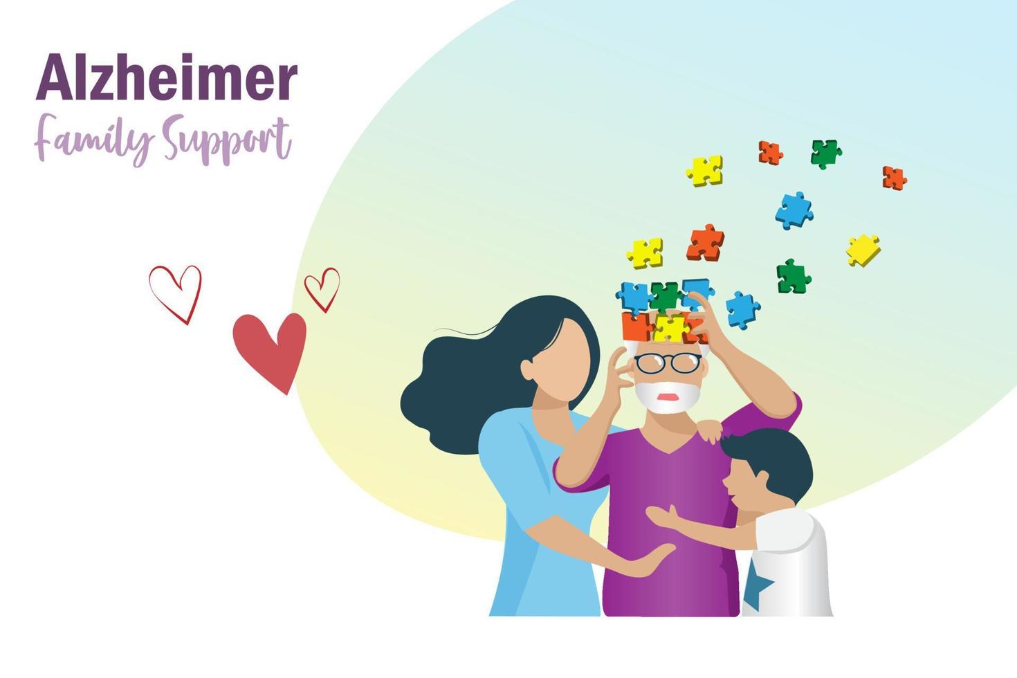 Dementia Alzheimer diseases, memory and brain loss with family support. Elderly man lost his brain jigsaw puzzle memories with family support. World Alzheimer day, Parkinson disease and mental health. vector