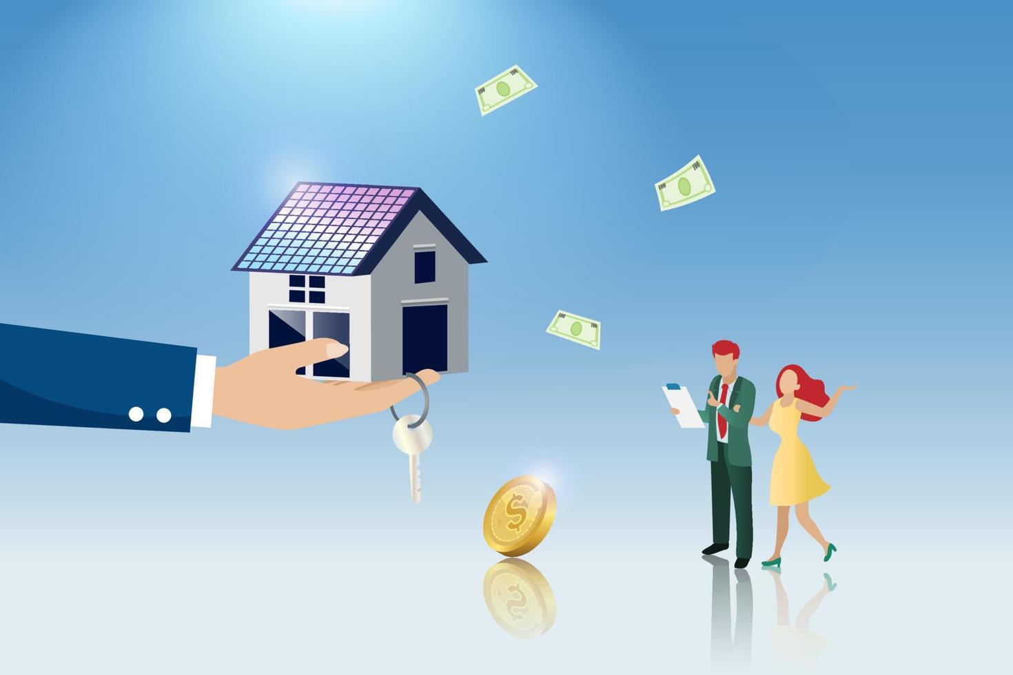 Home loan, real estate, mortgage property approval and refinance concept. Hand holding house and key to family couple. Family home buying and home investment. vector