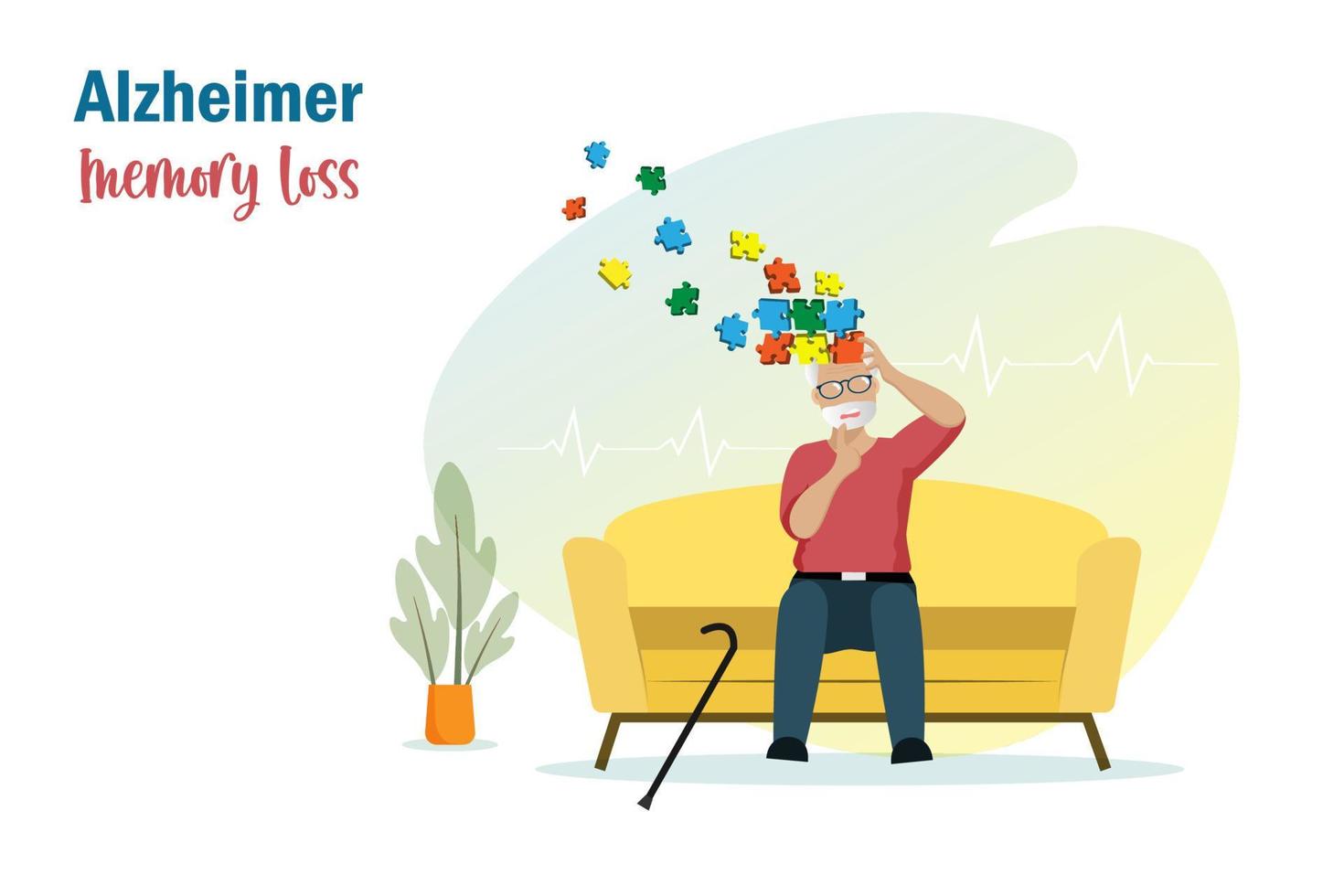demencia enfermedades de alzheimer, pérdida de memoria y cerebro. anciano perdió sus recuerdos de rompecabezas de cerebro. día mundial del alzheimer, enfermedad de parkinson y salud mental. vector