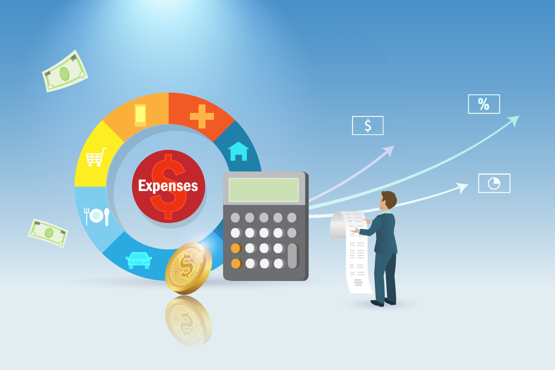 Cost of living expenses. Businessman manage rising financial bills from