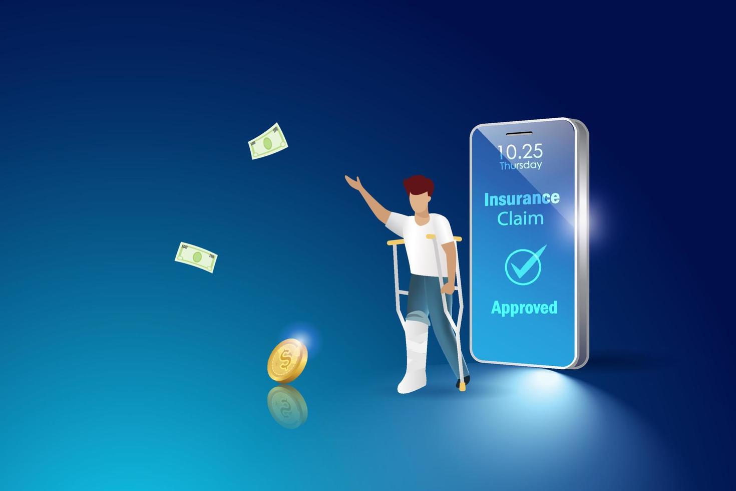 Health, accident insurance claim approved on smartphone. Happy broken leg man with money from insurance claim. Life insurance protect family health and life. vector