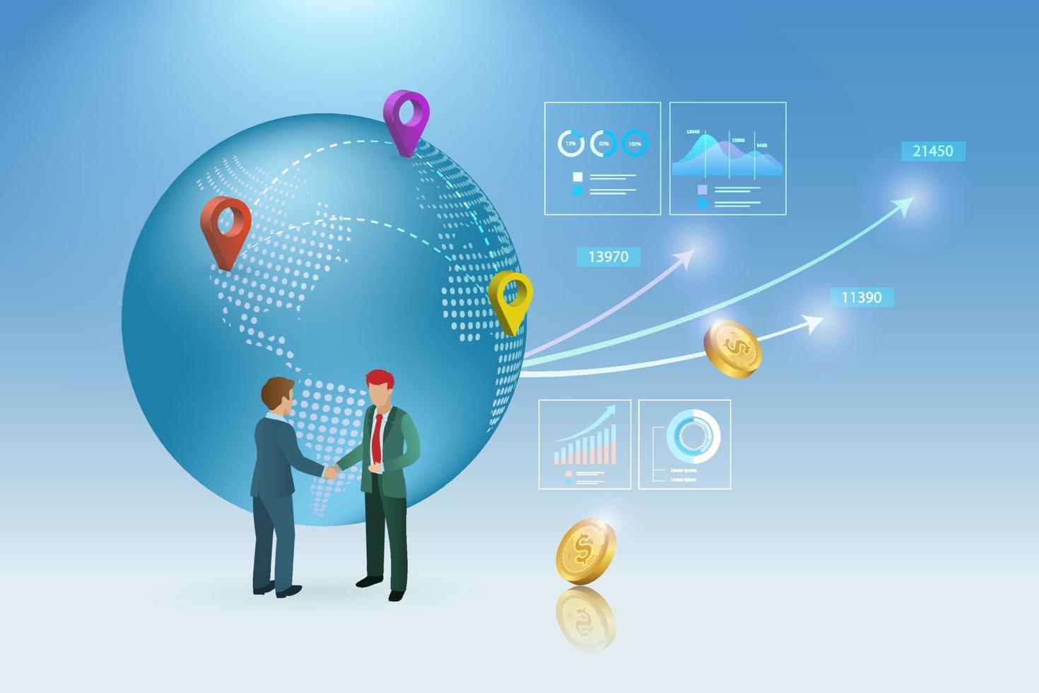 Global business partnership collaboration and financial investment. Businessman handshake with analyzing growth graph and business network connecting. vector