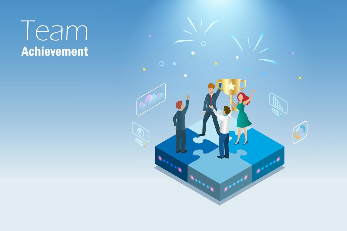 Business achievement, teamwork collaboration and partnership success. Businessman team hold trophy cup on connected digital jigsaw puzzles. Strategy planning and success goal target. vector