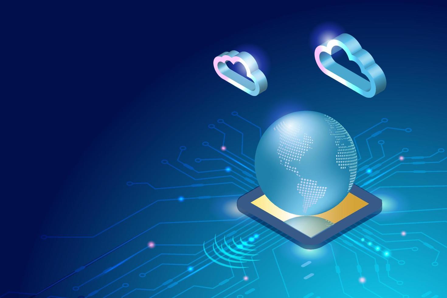 Globe on microchip circuit board with cloud computing technology. Data exchange, digital storage and global networking to connect the world in wireless technology. vector