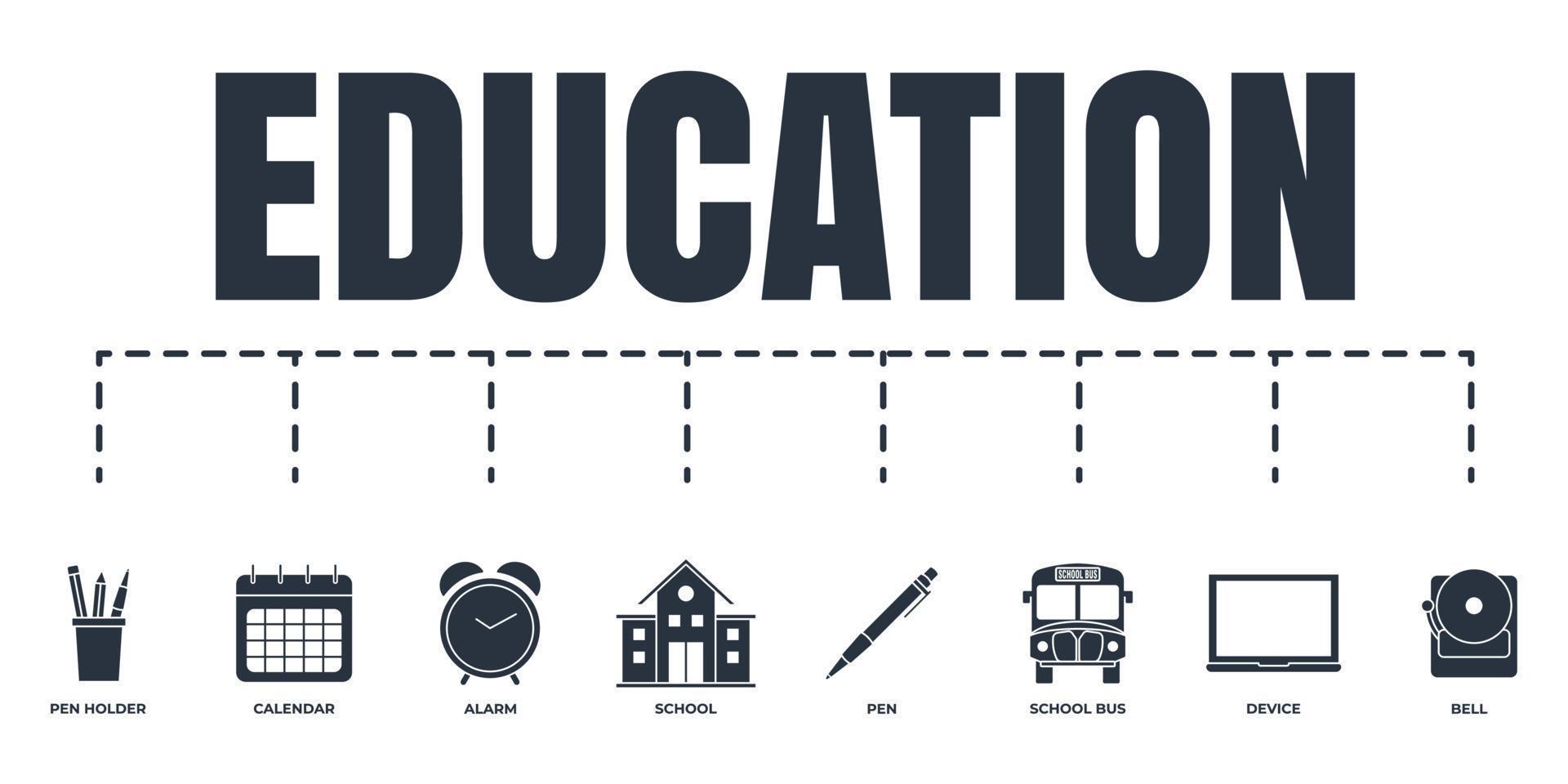 Education and back to school banner web icon set. school, bell, school bus, alarm clock, pen, calendar, pen holder, laptop device vector illustration concept.