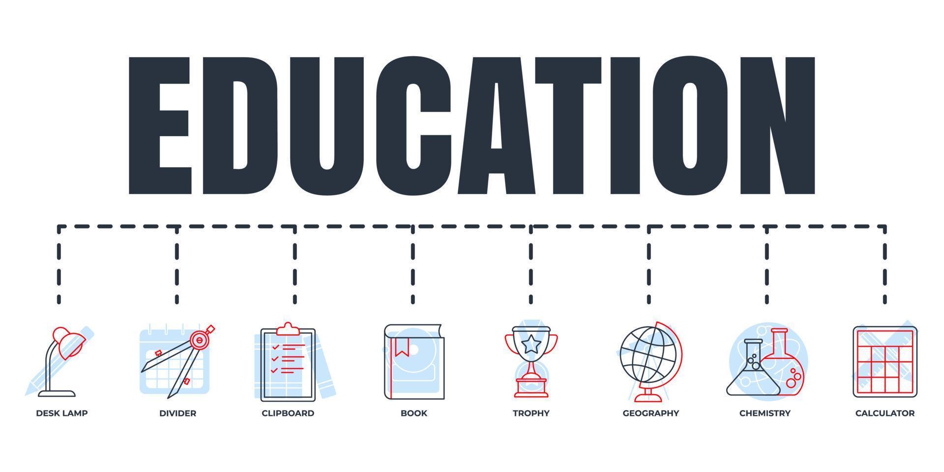 Education and back to school banner web icon set. chemistry, clipboard, desk lamp, book, geography, compass divider, calculator, trophy vector illustration concept.