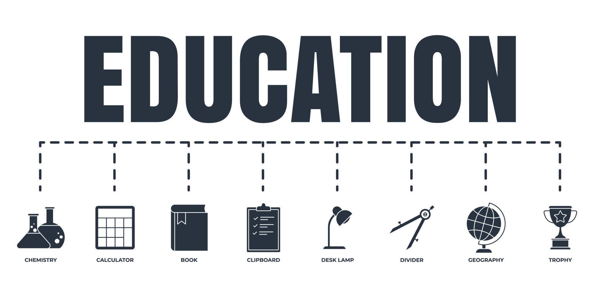 Education and back to school banner web icon set. chemistry, clipboard, desk lamp, book, geography, compass divider, calculator, trophy vector illustration concept.