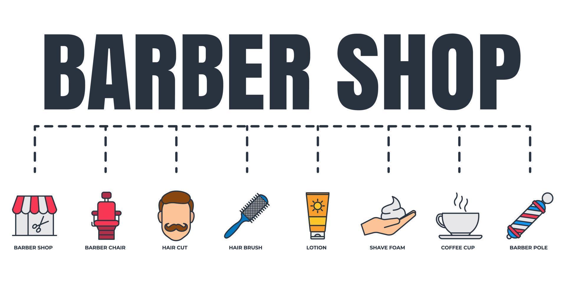 Conjunto de iconos web de banner de peluquería. espuma de afeitar, silla de peluquero, barbería, cepillo de pelo, corte de pelo, loción, poste de peluquero, concepto de ilustración vectorial de taza de café. vector