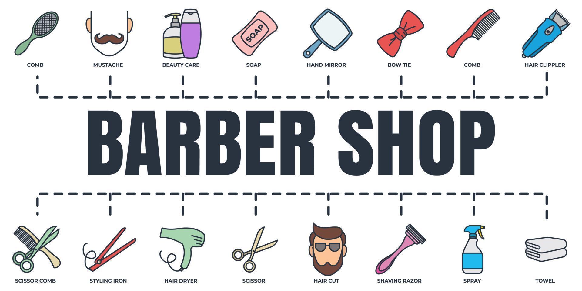 Barber shop banner web icon set. shaving razor, soap, towel, mustache, scissor, hair dryer and more vector illustration concept.