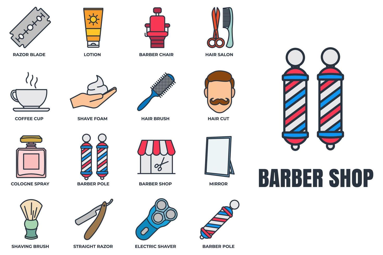 Barber shop banner web icon set. cologne spray, razor blade, mirror, lotion, barber pole, coffee cup and more vector illustration concept.