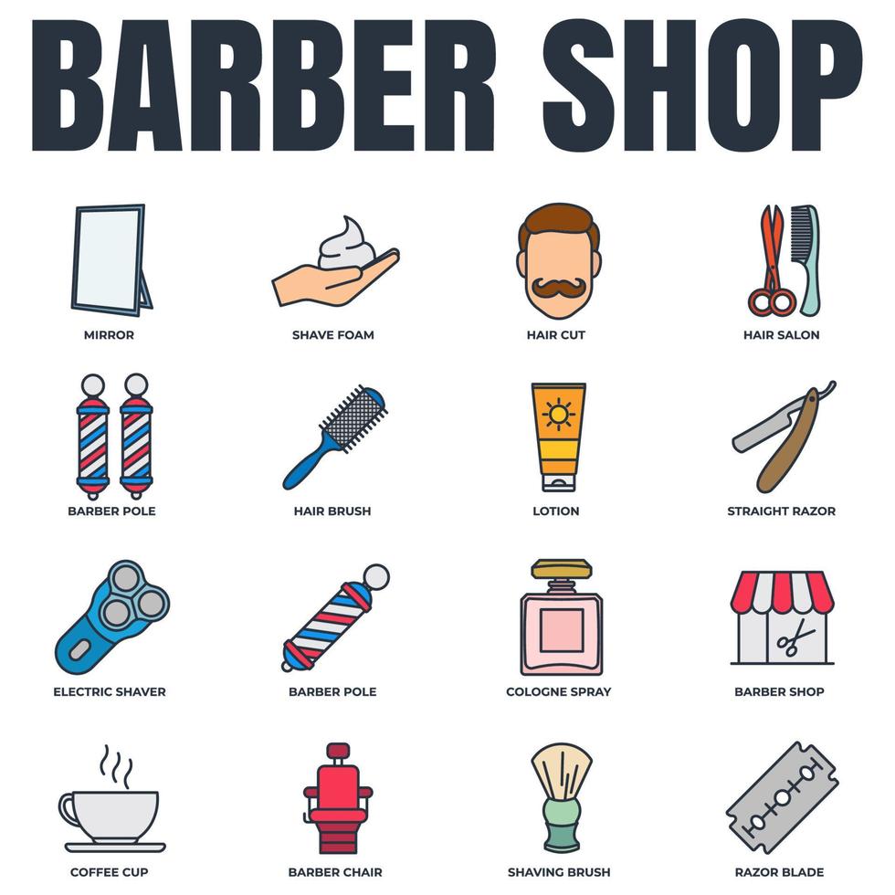 Barber shop banner web icon set. cologne spray, razor blade, mirror, lotion, barber pole, coffee cup and more vector illustration concept.