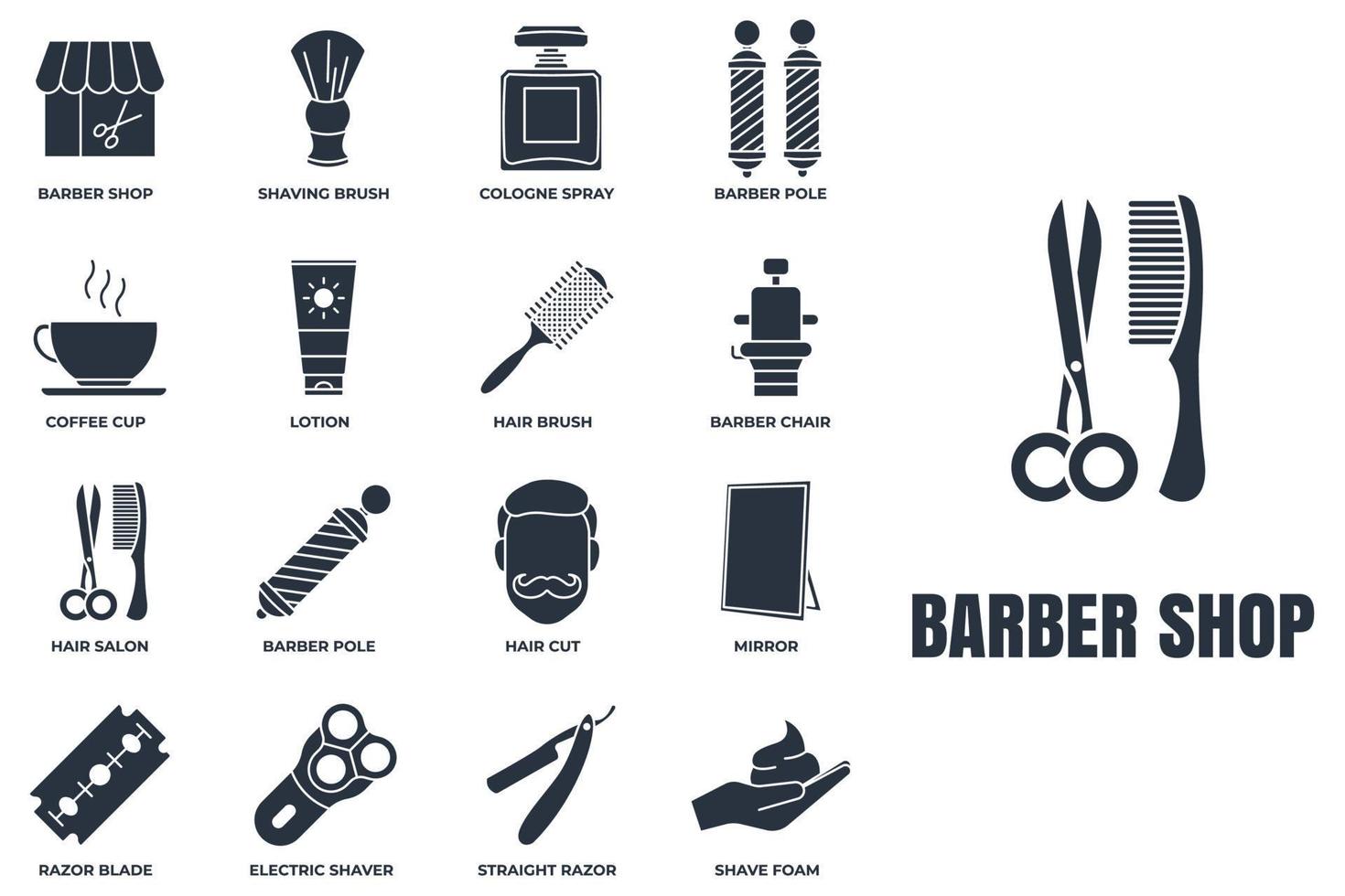 Barber shop banner web icon set. cologne spray, razor blade, mirror, lotion, barber pole, coffee cup and more vector illustration concept.