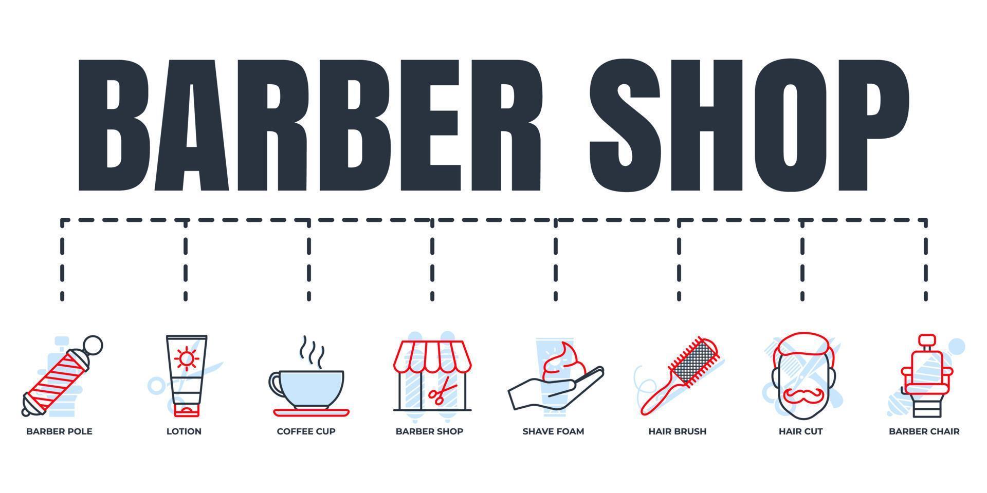 Conjunto de iconos web de banner de peluquería. espuma de afeitar, silla de peluquero, barbería, cepillo de pelo, corte de pelo, loción, poste de peluquero, concepto de ilustración vectorial de taza de café. vector