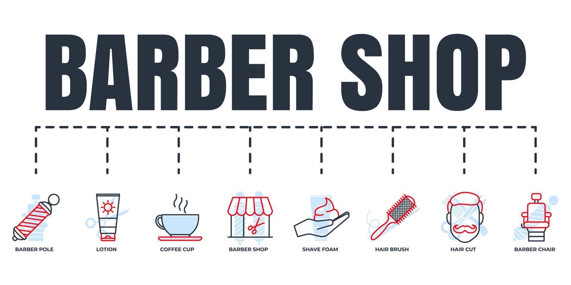 Barber shop banner web icon set. shave foam, barber chair, barber shop
