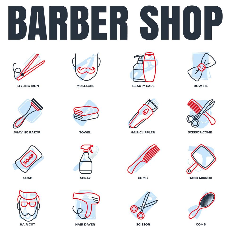 Barber shop banner web icon set. shaving razor, soap, towel, hand mirror, mustache, scissor, hair dryer and more vector illustration concept.